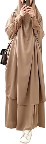 Womens Muslim Abaya Solid Prayer Dress Islamic Maxi Kaftan with Hijab Dubai Full Length 2 Piece Dress - color: 1khaki