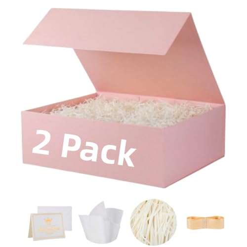UoeRing 2 Pcs Pink Gift Box Large 11.5x8x4 Inch with Magnetic Lid | Collapsible Luxury Present Box,for Birthday,Christmas Holiday Gift Includes Card,Ribbon,Tissue Paper & Shredded Filler - color: 13.5x11.8x4.7 Inch-Pink-Pack of 2