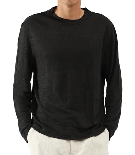 CLSEN Men's 100% Linen Long Sleeve Tee – Relaxed Crewneck - color: Black, size: Small
