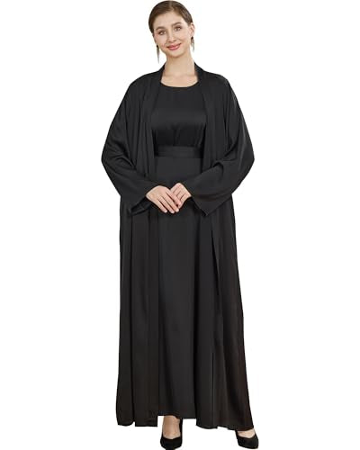 2PCS Muslim Abaya Women Islamic Dress with Belted Prayer Covered Eid Clothes - color: Black, size: Large