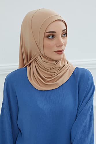 Aisha's Design Jersey Shawl for Women Instant 95% Cotton Modesty Turban Cap Hat Head Wrap Cotton Scarf - color: Sand Brown