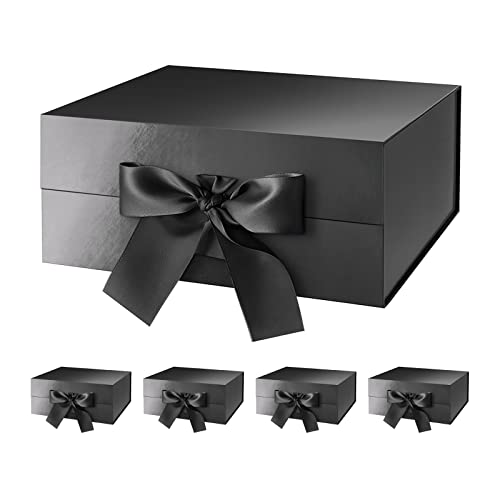 HAPPY POTATO 5 Black Magnetic Gift Boxes with Lids and Ribbon 9x6.5x3.8 In - color: Black-Ribbon-9x6.5x3.8 Inches-Pack of 5