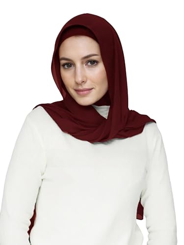 Lina & Lily Flowy Chiffon Instant Hijab Scarf Attached Jersey Ninja Undercap Full Coverage for Muslim Women - color: Dark Red