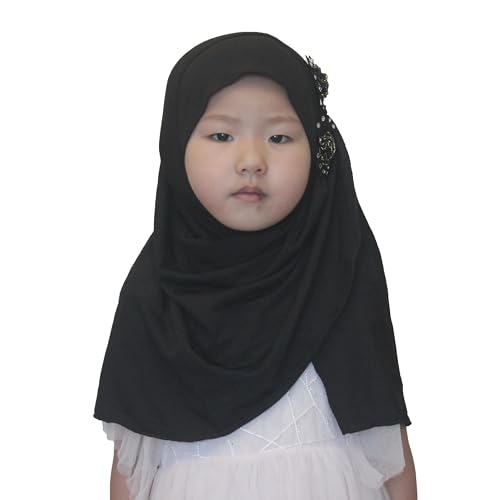 Soft Instant Hijab for Kids Girls Muslim Headscarf Islamic Scarf Shawl Wrap with Flowers - color: Black-2 Flowers