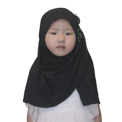 Soft Instant Hijab for Kids Girls Muslim Headscarf Islamic Scarf Shawl Wrap with Flowers - color: Black-2 Flowers