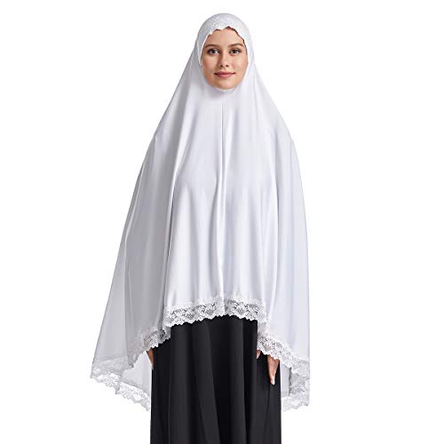 Muslim High Stretch Hijab Pure Color Half-body Cover Hijab with Lace for Praying - color: White, size: Large