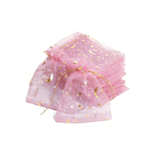 TYPAILYX 60 Pieces Moon Star Organza Jewelry Candy Bags, 3x4inch Pink Little Mesh Candy Gift Bags, Organza Favor Gift Pouches with Drawstrings for Weddings Parties and Valentine's Day - color: Pink