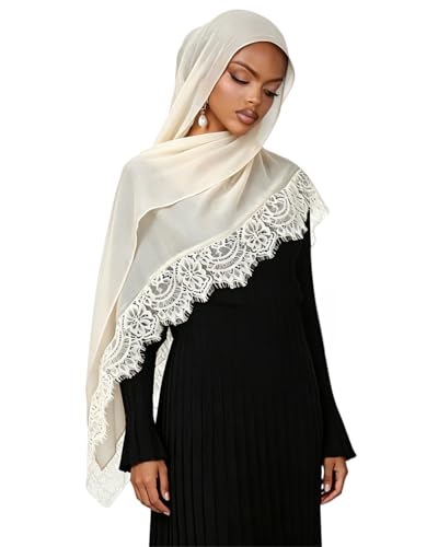JUMISEE Elegant Floral Lace Hijab Scarf for Women Soft Cotton Head Wrap Instant Hijab Long Scarves Evening Dress Shawl - color: Beige