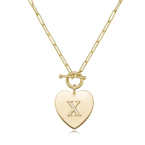 14K Gold Filled Heart Initial Necklace for Women, Dainty Alphabet Pendant Necklace with Paperclip Chain, Hypoallergenic Jewelry Gift for Her - color: Letter X