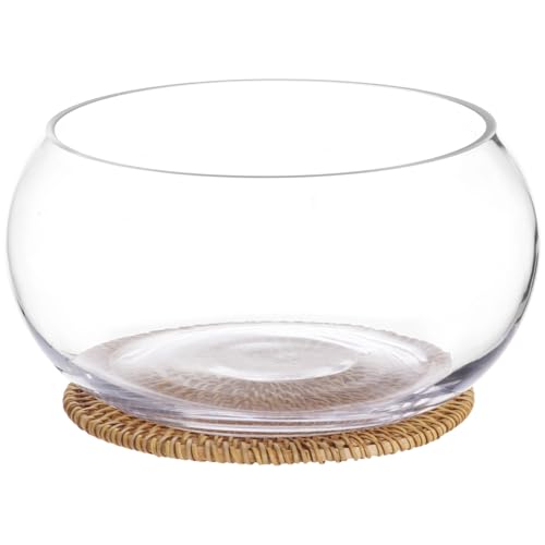 Lotus Bowl Planter with Rattan Mat, 10 in Round Glass Vase Bowl | Clear Glass , Open-Top Hydroponic Design, Handwoven Rattan Mat, For Lotus, Water Greens, Fish Bowl And Table Decor