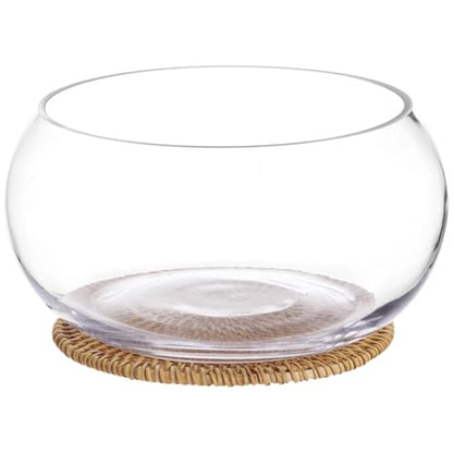 Lotus Bowl Planter with Rattan Mat, 10 in Round Glass Vase Bowl | Clear Glass , Open-Top Hydroponic Design, Handwoven Rattan Mat, For Lotus, Water Greens, Fish Bowl And Table Decor