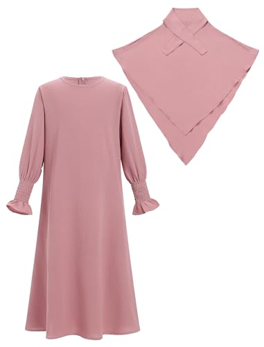 IWEMEK Kids Muslim Dress for Girls Islamic Prayer Abaya Dress with Hijab Jibab 2 Piece Eid Ramadan Dubai Outfits Kaftan Robe - color: Pink, size: 3-4T