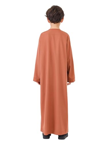 OBEEII Boy's Muslim Thobe Arab Long Sleeve Abaya Kaftan Robe Eid Ramadan Islamic Middle East Dubai Prayer Dress with Pockets - color: Camel, size: 7-8 Years
