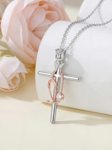 Graduation Gifts for Women 925 Sterling Silver Compass/Graduation/Vet/Cross/Stethoscope Necklace for Women - color: Cross-Stethoscope