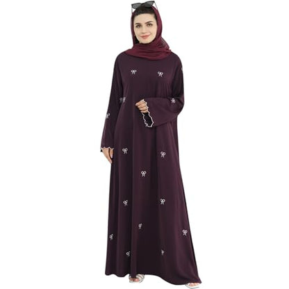 Abaya Dress for Muslim Women Bow Front Zipper Side Pockets Ramadan Eid Robe - color: Wine Red, size: X-Large