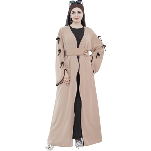 Abaya Dress for Women Muslim Bowknot Sleeves Islamic Prayer Casual Clothes Smooth Flowing Cardigan Dress - color: Khaki, size: Large, style: Cardigan Dress