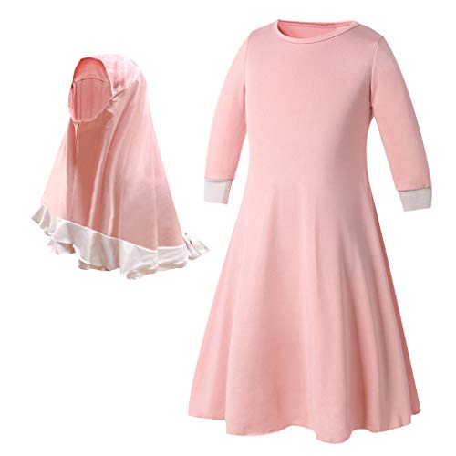 Toddler Girls Muslim Dress Abaya with Hijab Prayer Clothes Arab Solid Islamic Robe Kids Ramadan Long Skirt LDS Temple Dresses - color: B-pink, size: 2-3T