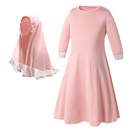 Toddler Girls Muslim Dress Abaya with Hijab Prayer Clothes Arab Solid Islamic Robe Kids Ramadan Long Skirt LDS Temple Dresses - color: B-pink, size: 5-6 Years