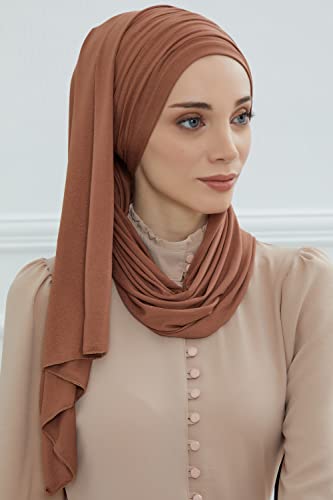 Aisha's Design Instant Hijab Scarves for Women, 95% Cotton Pretied Bonnet Turban Easy to Wear Cotton Headscarf - color: Caramel Brown