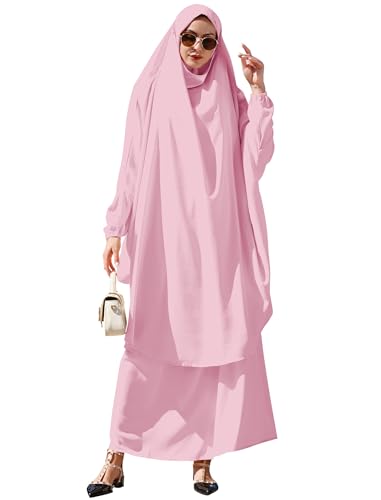 Abayas for Women Muslim Chiffon Prayer Burqa Dress Burkas for Women Muslim Hijab Dress Full Length Islamic Veil Abaya Set - color: Pink-loose