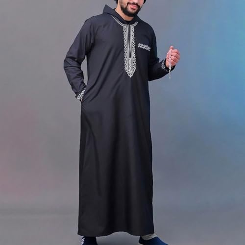 Men's Muslim Middle Arab Casual Long Sleeve Loose Hood Big and Tall Long Gown Dress Muslim Kaftan Thobe - color: Black, size: Medium
