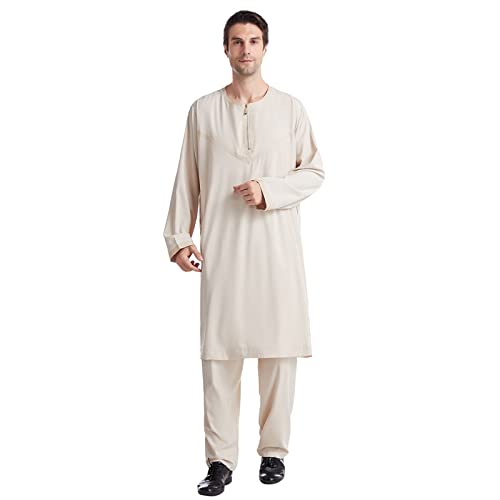 Muslim Outfits for Men Button Down Pocket Two Piece Muslim Outfit Casual Thobes Set Robe Set Machine Washable - color: 02#_beige, size: Medium