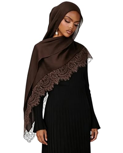 JUMISEE Elegant Floral Lace Hijab Scarf for Women Soft Cotton Head Wrap Instant Hijab Long Scarves Evening Dress Shawl - color: Coffee