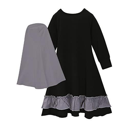 Toddler Girls Muslim Dress Islamic Prayer Abaya with Bow Hijab 2PC Set Modest Clothes Baby Arabic Long Skirt Eid Maxi Dress - color: A-black, size: 6-12 Months