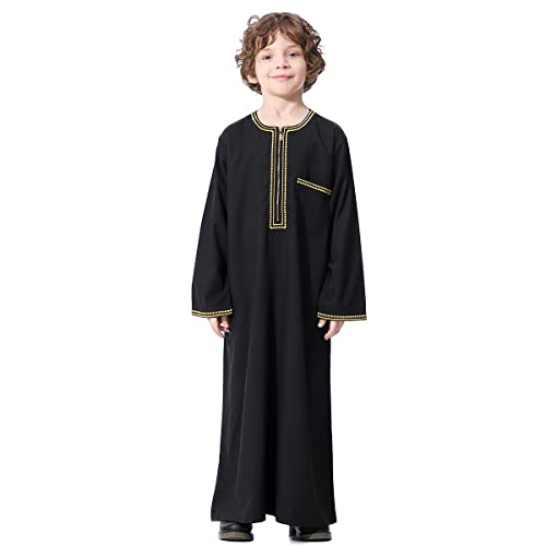 IBTOM CASTLE Robe for Boys Muslim Long Sleeve Thobe Abaya Saudi Arab Kaftan Islamic Zipper Arabic Dubai Dress With Pockets - color: Black, size: 5-6 Years