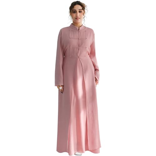 2PCS Women Muslim Abaya Dress Stand Collar Full Coverage Cardigan Dress Set - color: Pink, size: Large