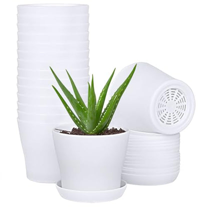 JERIA 16-Pack 4" Plastic Flower Plant Pots Thickened Seedlings Nursery Pots, Flower Plant Container Seed Starting Pots with Pallet (White) - color: White