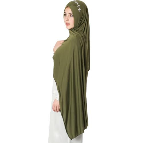 khalat Instant Hijab 여성용 무슬림 샤이니 라인스톤 데일리 스카프 부드럽고 신축성 있는 단색 이슬람 기도 히잡 - color: 아미 그린.
