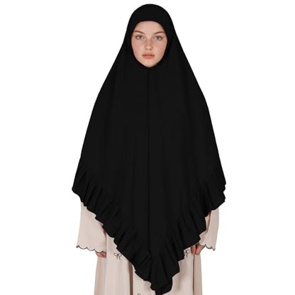 Prayer Hijab for Women Muslim Cotton Blend Lightweight Ruffled Square Scarf - color: Black