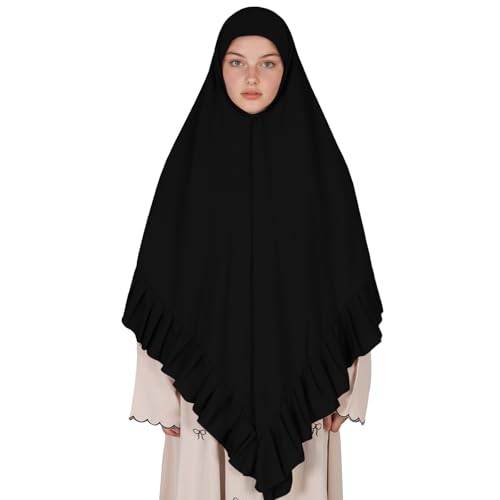 Prayer Hijab for Women Muslim Cotton Blend Lightweight Ruffled Square Scarf - color: Black