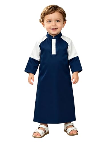 FEESHOW Little Boys Arabic Muslim Thobe Toddler Baby Kaftan Robe Islamic Traditional Festival Party Wear - color: Navy Blue, size: 2-3T