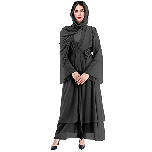 IWEMEK Women Chiffon Muslim Dress Middle East Arabian Robe Islamic Open Front Abaya Long Sleeve Flowy Maxi Cardigan Dress - color: Black, size: Small
