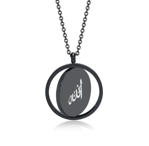 Religious Christian Cross/Freemasonry/Mountain Forest Jewelry 25mm Stainless Steel Round ID Tag Spinner Pendant Necklaces,Hiking Camping Lover Gift - style: Black-Allah Symbol A