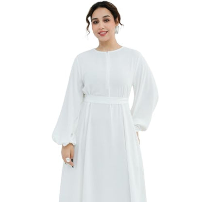 Muslim Women Abaya Dress Breathable Front Zipper&Pockets&Belt Prayer Robe - color: White, size: X-Large