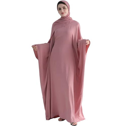 Muslim Abaya Dress Women Middle East Arabian Prayer Robe Batwing Maxi Kaftan Abaya Dress with Hijab - color: Pink