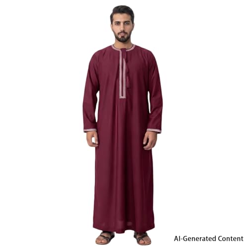 Kaftan for Men Muslim Gown Islamic Thobe Shirts Ramadan Abaya Dubai Arab Robe Long Sleeve Middle Eastern Kaftan - color: Wine Red, size: Medium