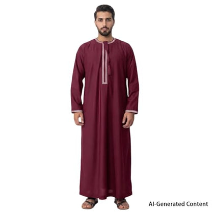 Kaftan for Men Muslim Gown Islamic Thobe Shirts Ramadan Abaya Dubai Arab Robe Long Sleeve Middle Eastern Kaftan - color: Wine Red, size: X-Large