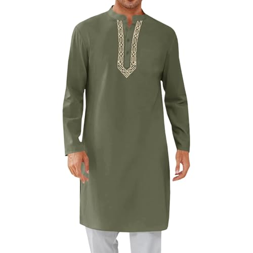Linen Muslim Gown Shirt for Mens Loose Long Sleeve Casual Henley Shirts Kaftan Thobe Button Down Long Robes - color: Army Green, size: Large