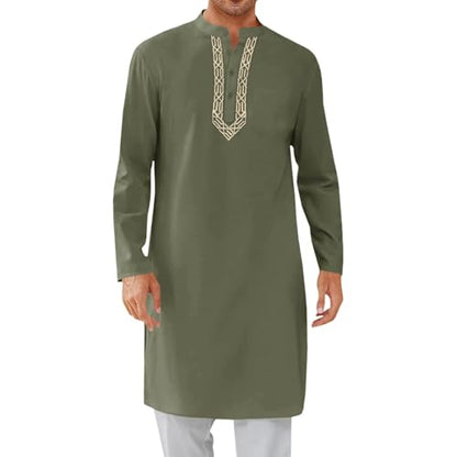Mens Kaftan Thobe Side Split Linen Caftan Long Sleeve Button Down Henley Shirt Muslim Gown Casual Robe Kurta Tops - color: Green, size: Large