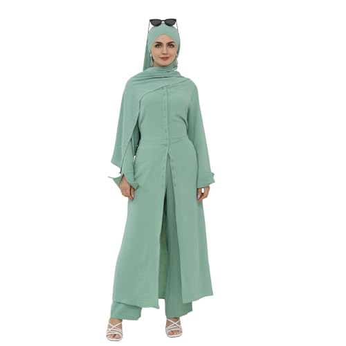 IDOPIP Muslim Women 2-Piece Set Long Sleeve Ramadan Islamic Abaya Dress Shirt with Pants Loose Fit Casual Dubai Prayer Outfit - color: Green, size: X-Small-Small