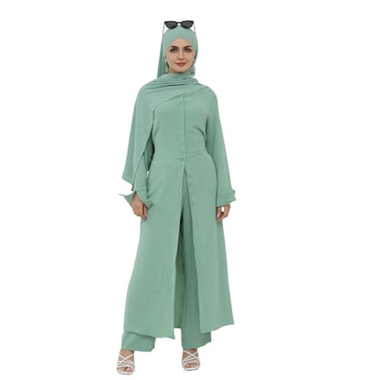 IDOPIP Muslim Women 2-Piece Set Long Sleeve Ramadan Islamic Abaya Dress Shirt with Pants Loose Fit Casual Dubai Prayer Outfit - color: Green, size: X-Large-XX-Large