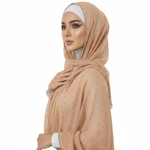 Premium Chiffon Hijab Rhinestone Long Scarf Shawl Wrap for Women Head scarf for Muslim Wedding Party Gift Packed - color: 001camel