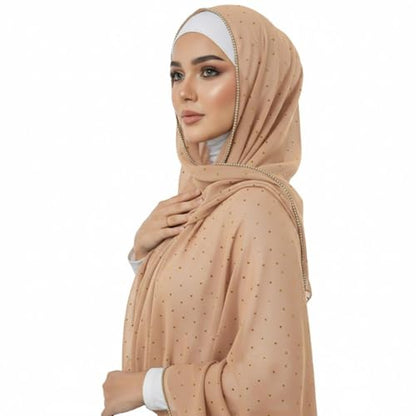 Premium Chiffon Hijab Rhinestone Long Scarf Shawl Wrap for Women Head scarf for Muslim Wedding Party Gift Packed - color: 001camel