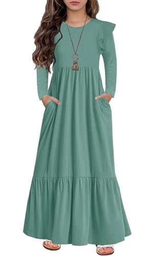 HOSIKA Girls Fall Ruffle Long Sleeve Crew Neck Loose Casual Flowy Tiered Maxi Dress with Pockets for 6-12 Y - color: Sage, size: 6 Years