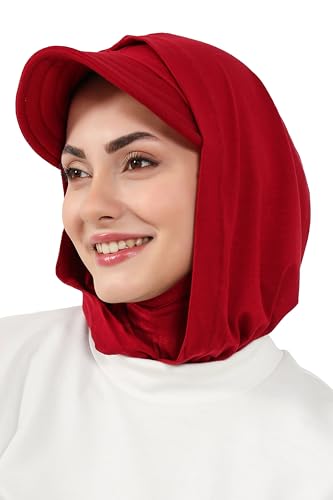 Aisha's Design Full Coverage Cotton Bonnet Hijab with Visor Modest Underscarf Bonnet - color: Dark Red