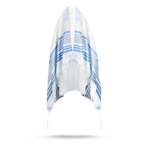 Full Size Tallit Prayer Shawl, Hand-Tied Tzitzit in Israel by a Jewish Craftsman, Blessing On Neckband - color: Sky Blue & Silver, size: Size 55 - 72 x 52 Inch